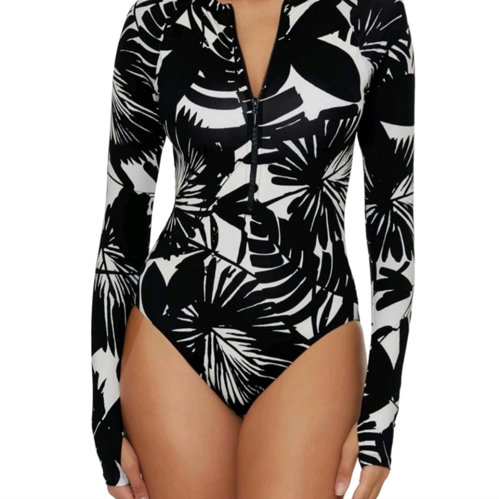 Trina TURK Zip SUN SUIT swimsuit long sleeve yoga Thumb hole black white
